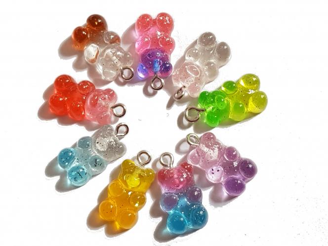 Gummibärchen Anhänger mit Glitzer zweifarbig Charms, 10 Stück, Farbmix 